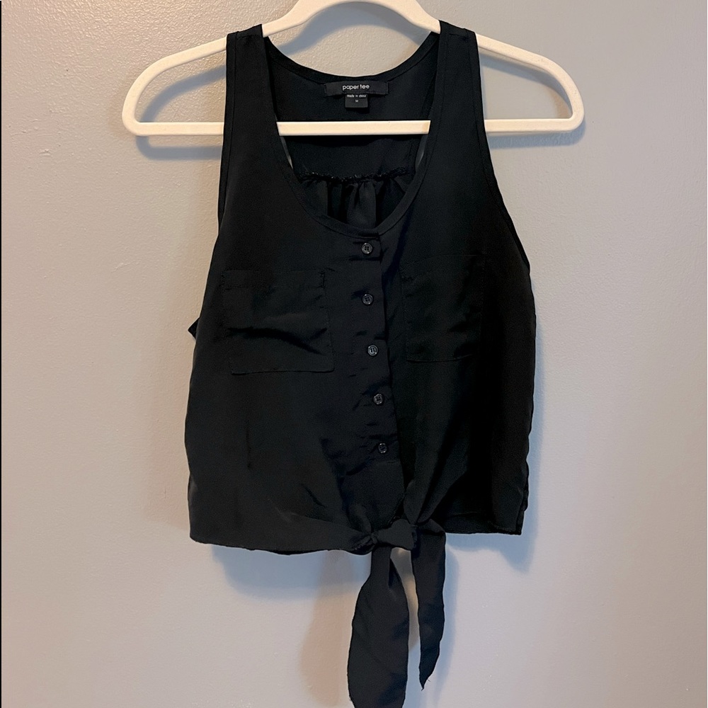 Paper Tee, medium sleeveless, black button up, ties in front